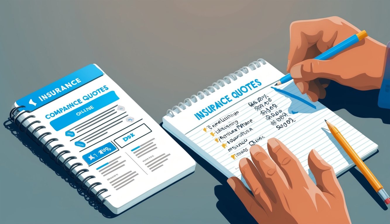 Person writing insurance quotes on a notepad, with another notepad nearby