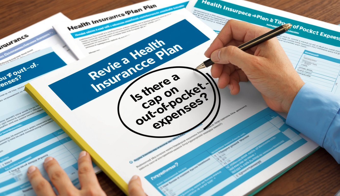 A person reviewing a health insurance plan brochure, circling the question "Is there a cap on out-of-pocket expenses?" with a pen, surrounded by other questions on a table