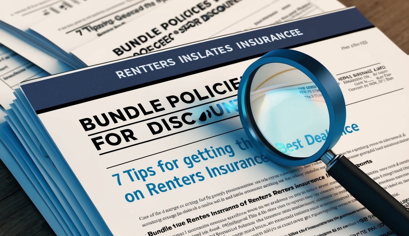 A stack of insurance policy documents with a "Bundle Policies for Discounts" headline.</p><p>A magnifying glass hovers over the "7 Tips for Getting the Best Deal on Renters Insurance" section