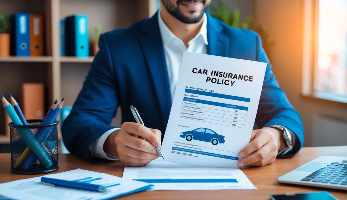 A person at a desk with a car insurance policy in hand, talking to an agent about multi-policy discounts and adjusting their deductible