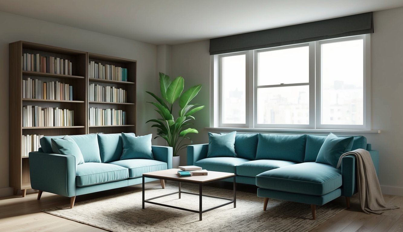 A cozy apartment living room with a bookshelf, couch, and coffee table.</p><p>A window lets in natural light, and a plant adds a touch of greenery