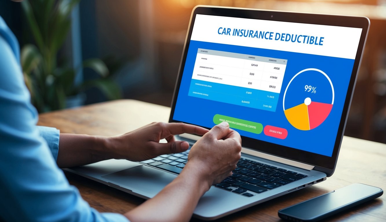 A person adjusting a car insurance deductible on a laptop with a credit score displayed in the background