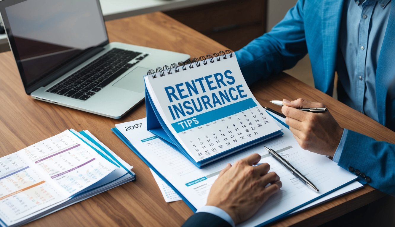 A person sitting at a desk with a calendar open, reviewing renters insurance tips.</p><p>A laptop and paperwork are scattered around