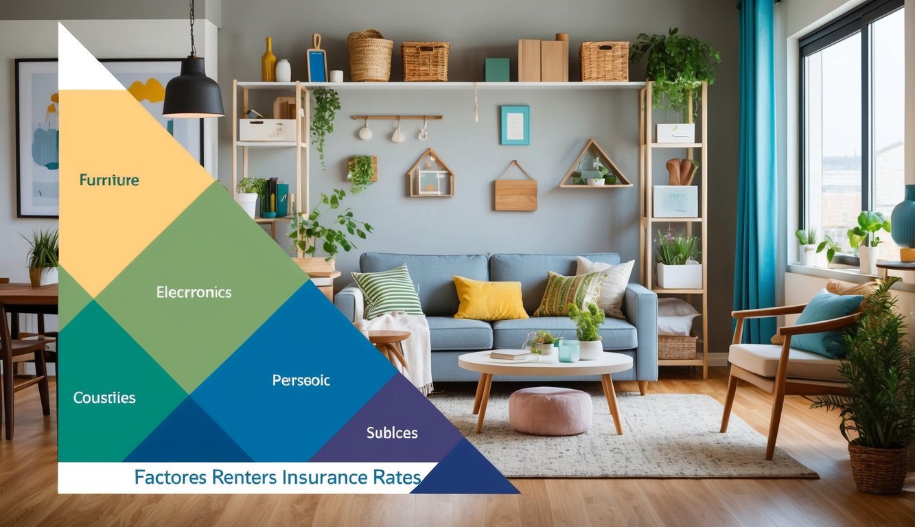 A cozy apartment with various items such as furniture, electronics, and personal belongings.</p><p>A scale representing different factors affecting renters insurance rates