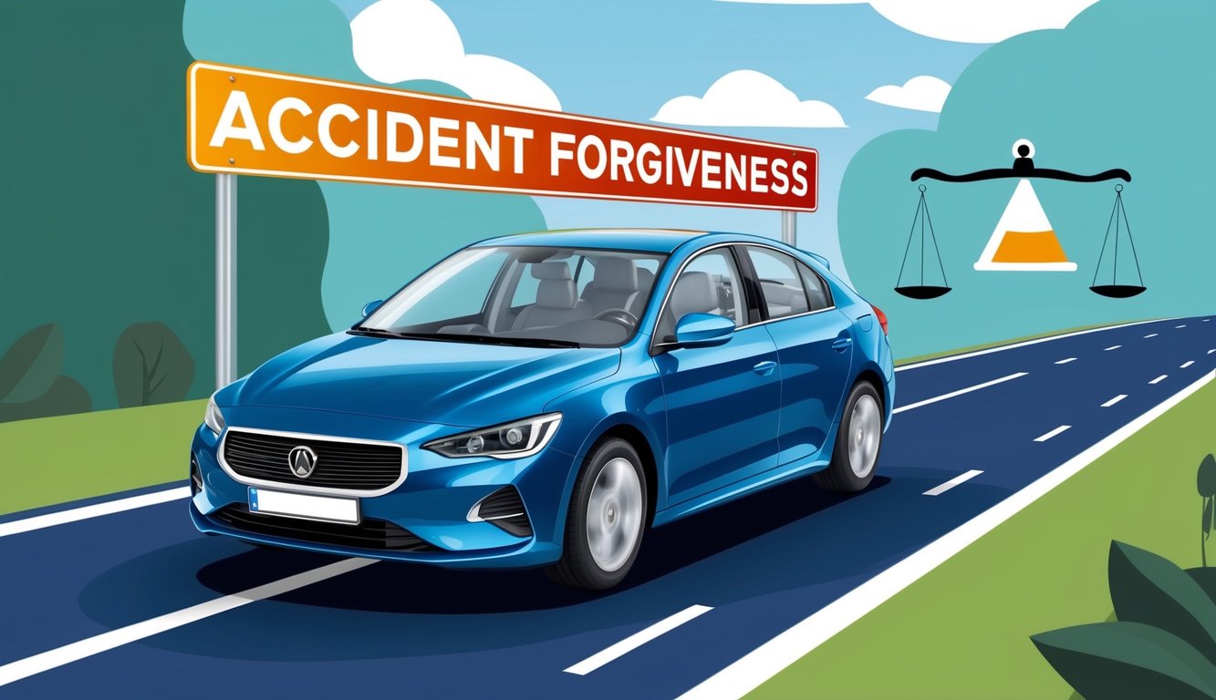 A car driving on a road with a sign for "accident forgiveness" and a scale representing adjusting deductibles