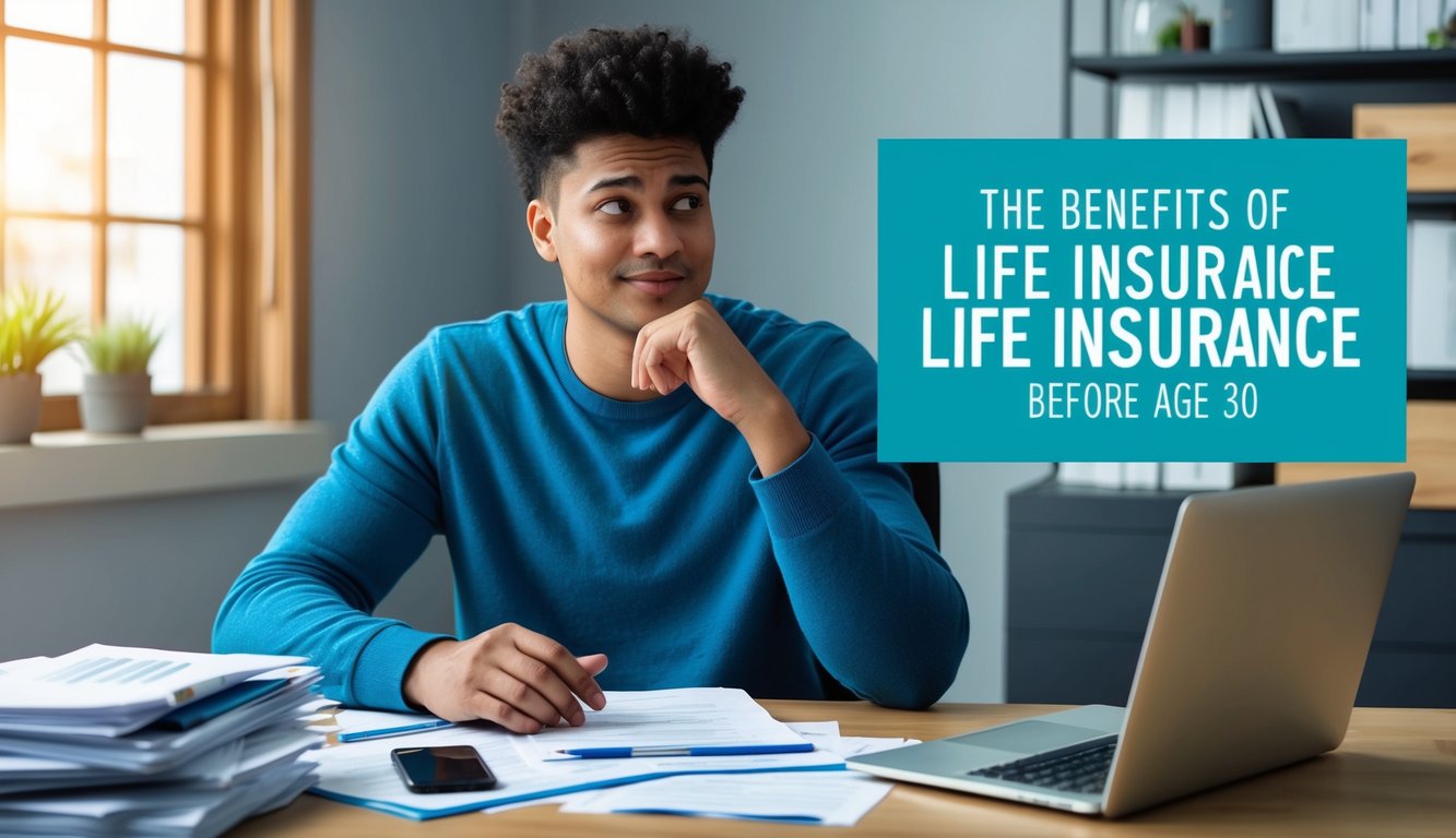 Young man considering life insurance benefits before age 30, at desk