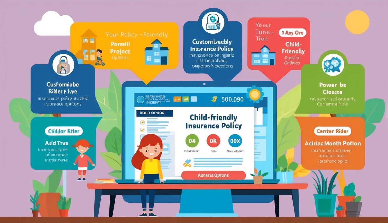 A colorful illustration of a child-friendly insurance policy with various customizable rider options displayed on a table