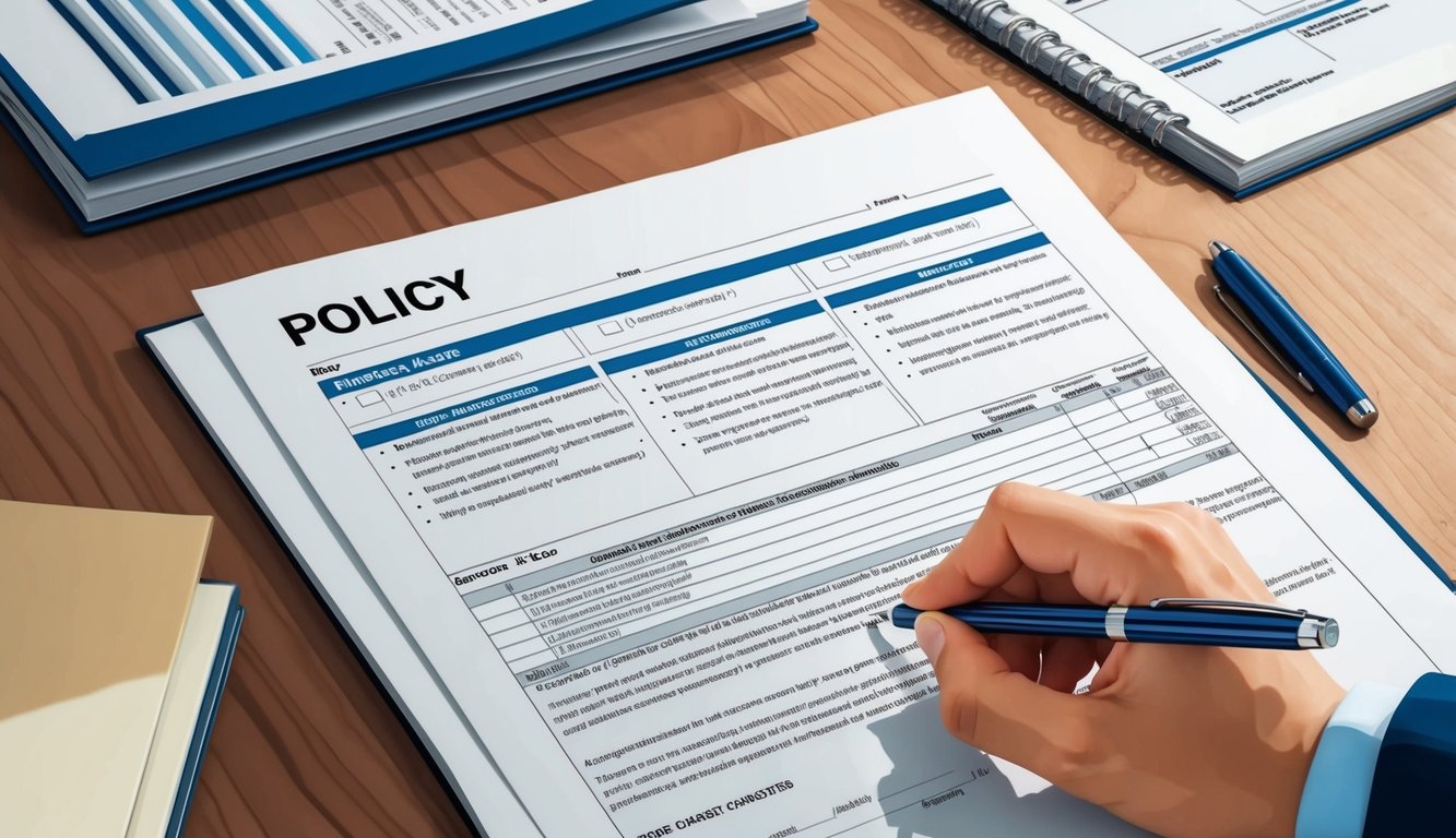 A person reviewing a policy document with various insurance riders highlighted, while a hand holds a pen ready to make changes