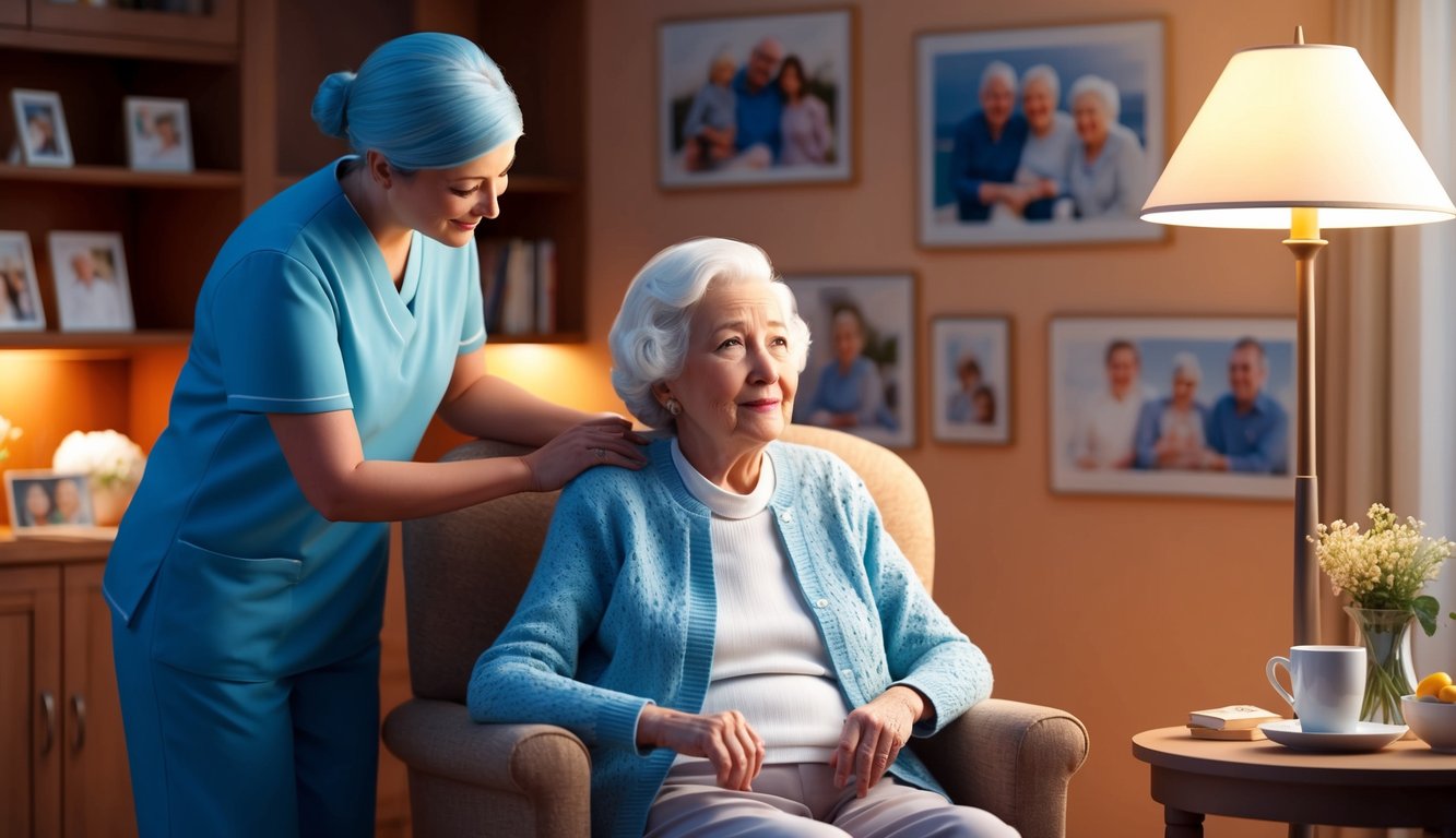 A serene, elderly woman sits in a cozy living room, surrounded by family photos and warm lighting.</p><p>A caregiver assists her with daily tasks, creating a sense of comfort and security