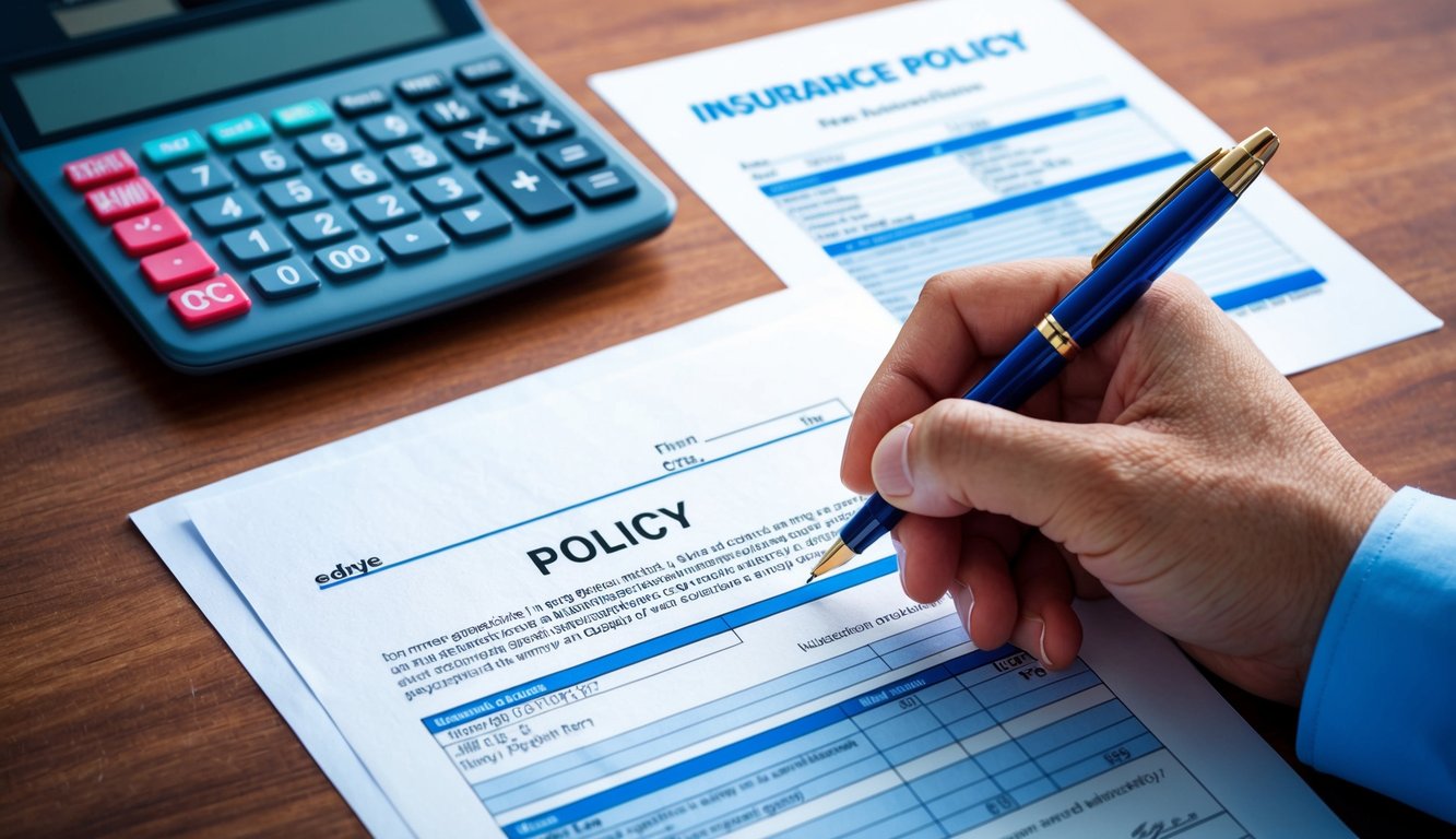 A hand holding a pen, signing a document with an insurance policy and a rider on a desk with a calculator and paperwork