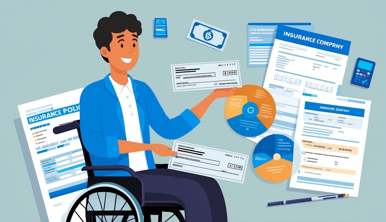 A person with a disability receives a check from an insurance company, surrounded by various insurance policy documents and a rider