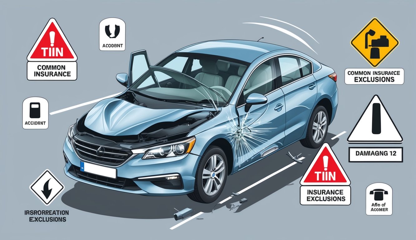 Damaged blue car with insurance exclusion signs, depicting accident and damage