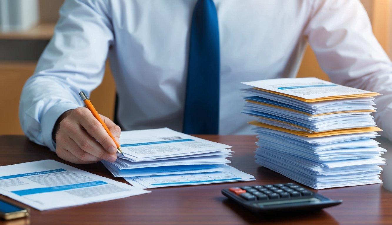 A person sitting at a desk, reviewing a stack of papers with various insurance policy options and a calculator nearby