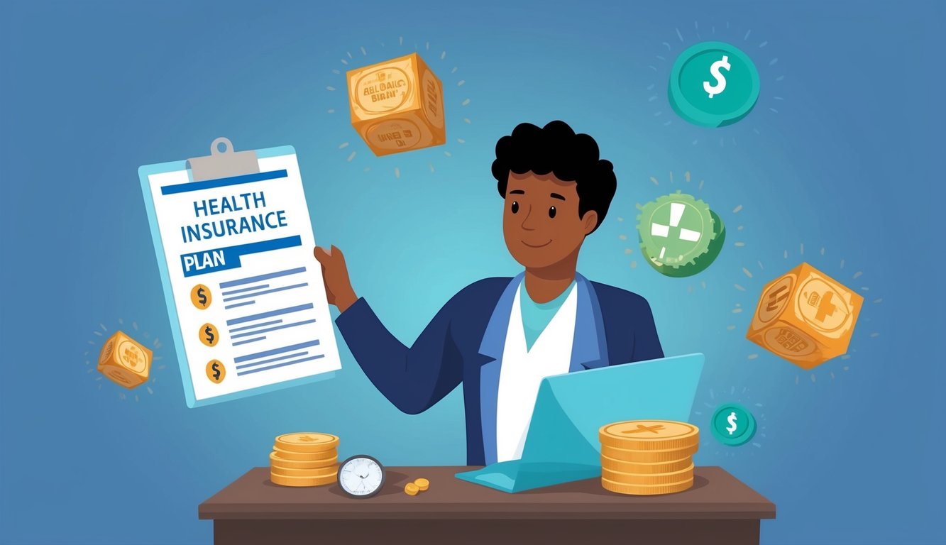 Man presenting a health insurance plan with coins and floating cubes