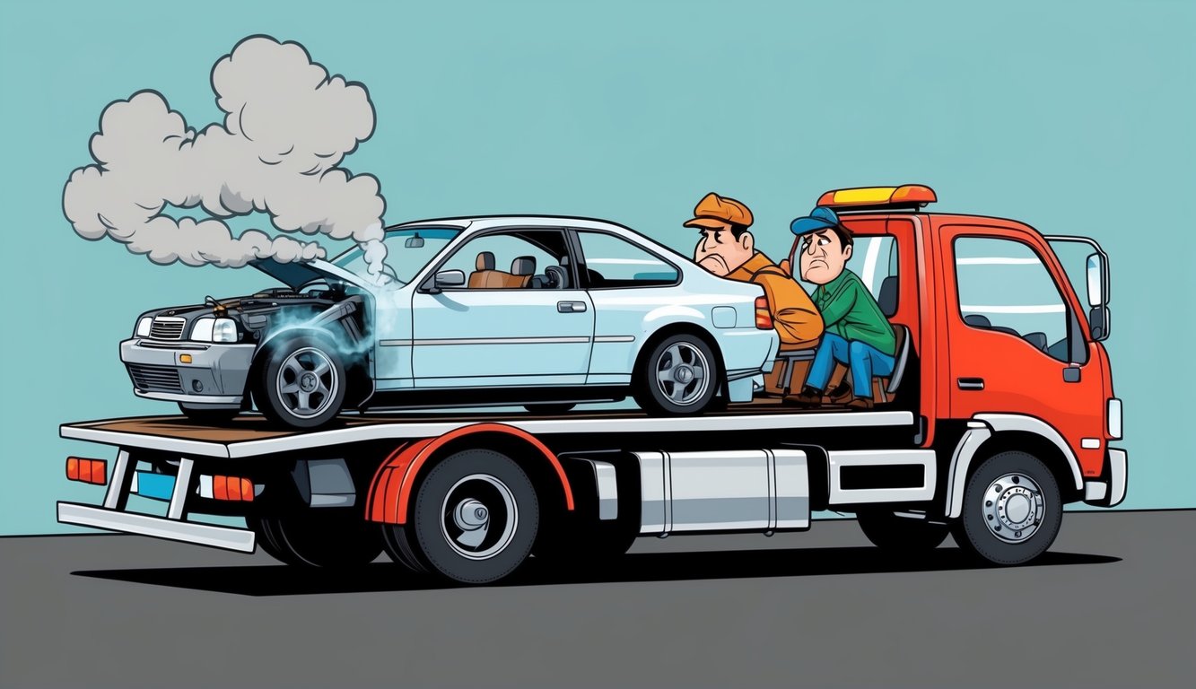 A car being towed away on a flatbed truck, with smoke coming from the engine and the driver looking frustrated