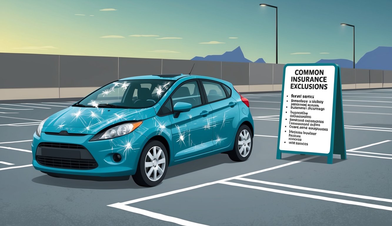 A car with multiple scratches, dents, and broken windows sits in a deserted parking lot.</p><p>Nearby, a sign lists common insurance exclusions