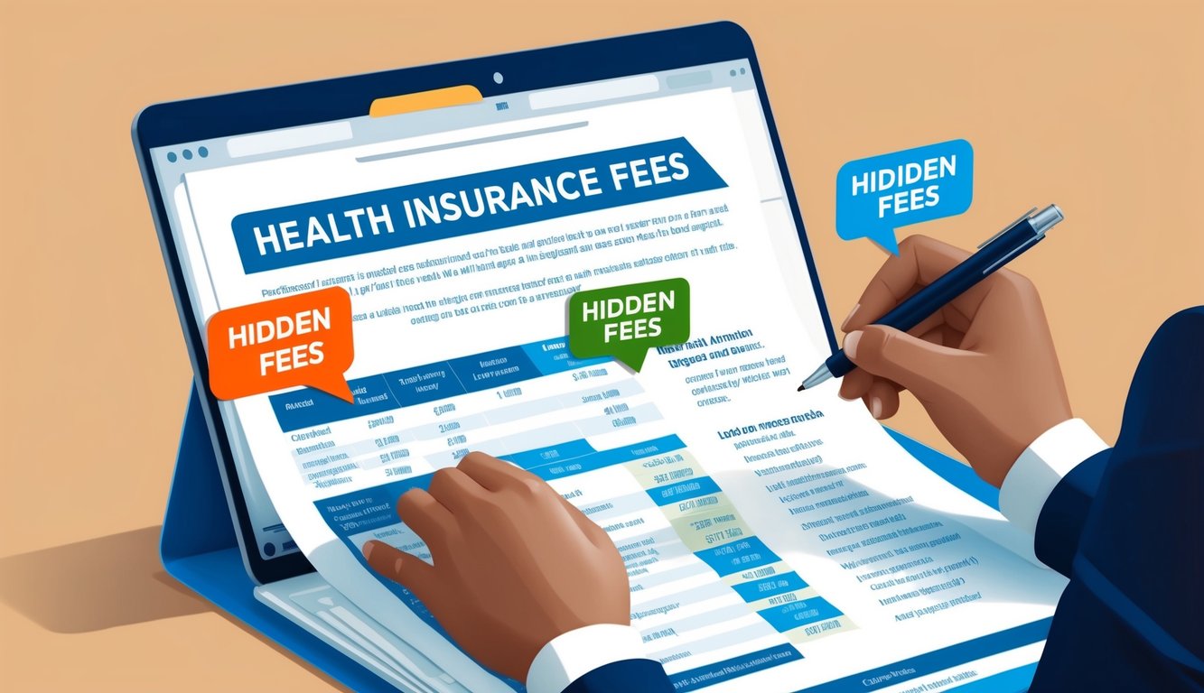 A person reviewing a detailed breakdown of health insurance fees, with various hidden fees highlighted and labeled for clarity