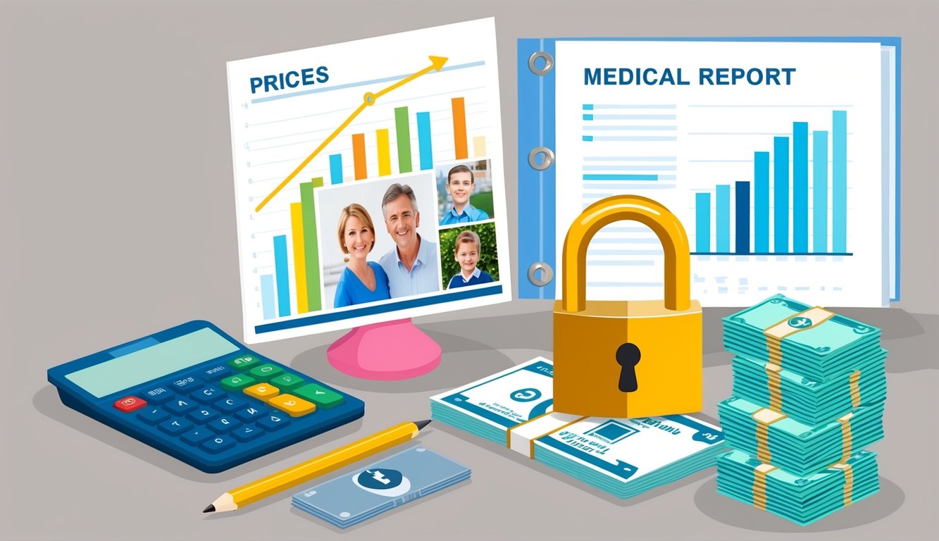 Financial illustration: charts, family photos, calculator, money, and a padlock