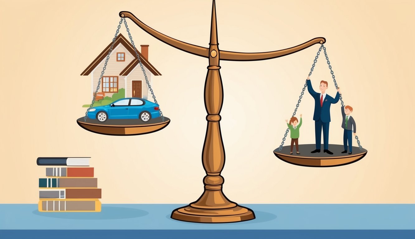 A scale balancing a house, a car, a family, a job, health, age, and lifestyle choices