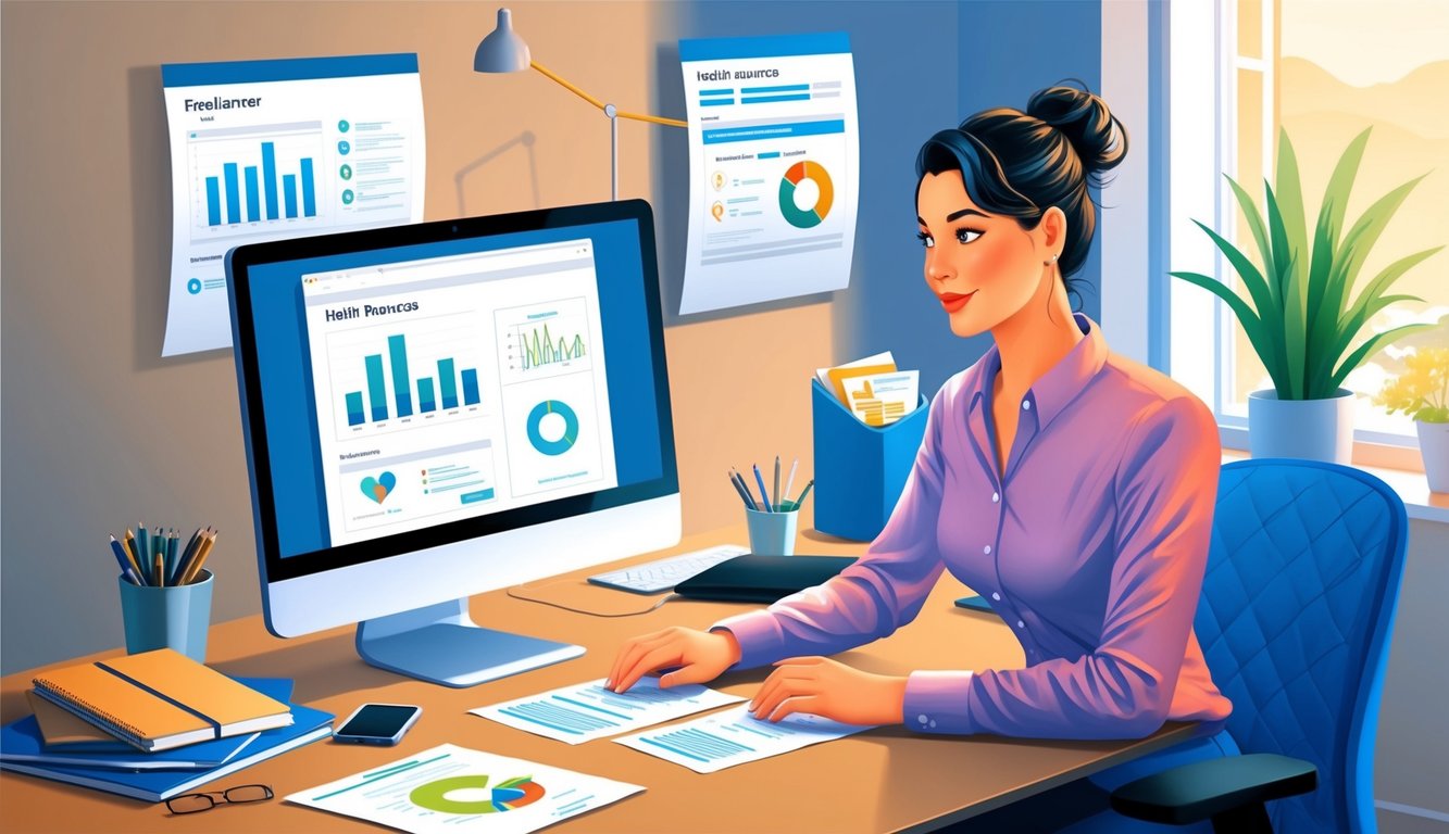 Woman working at a desk with computer, charts, and documents