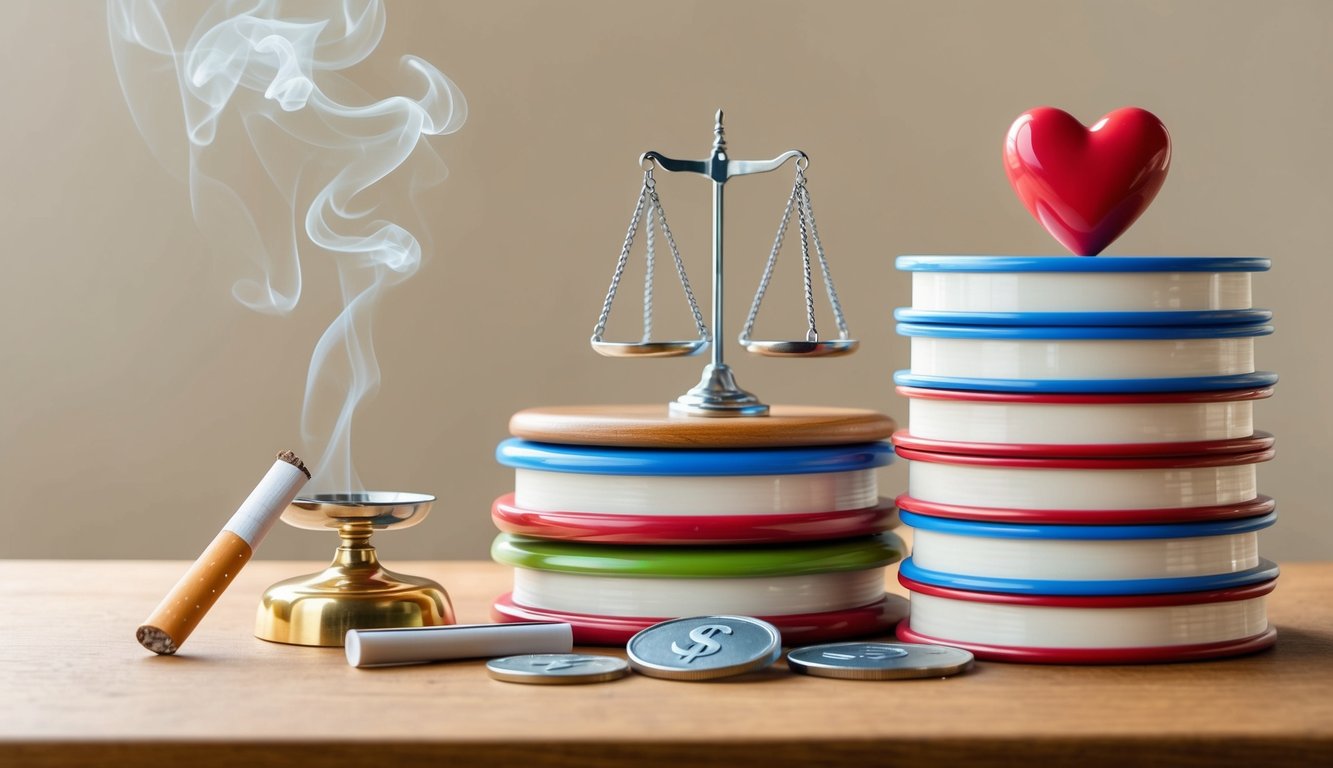 A stack of seven objects representing factors affecting life insurance premium, such as a cigarette, a scale, a heart, and a dollar sign