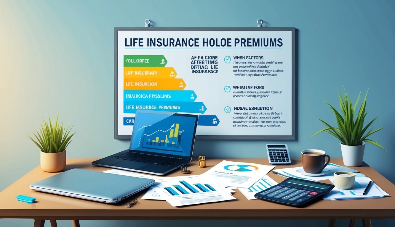 A desk cluttered with a laptop, paperwork, calculator, and a cup of coffee.</p><p>A chart on the wall shows various factors affecting life insurance premiums