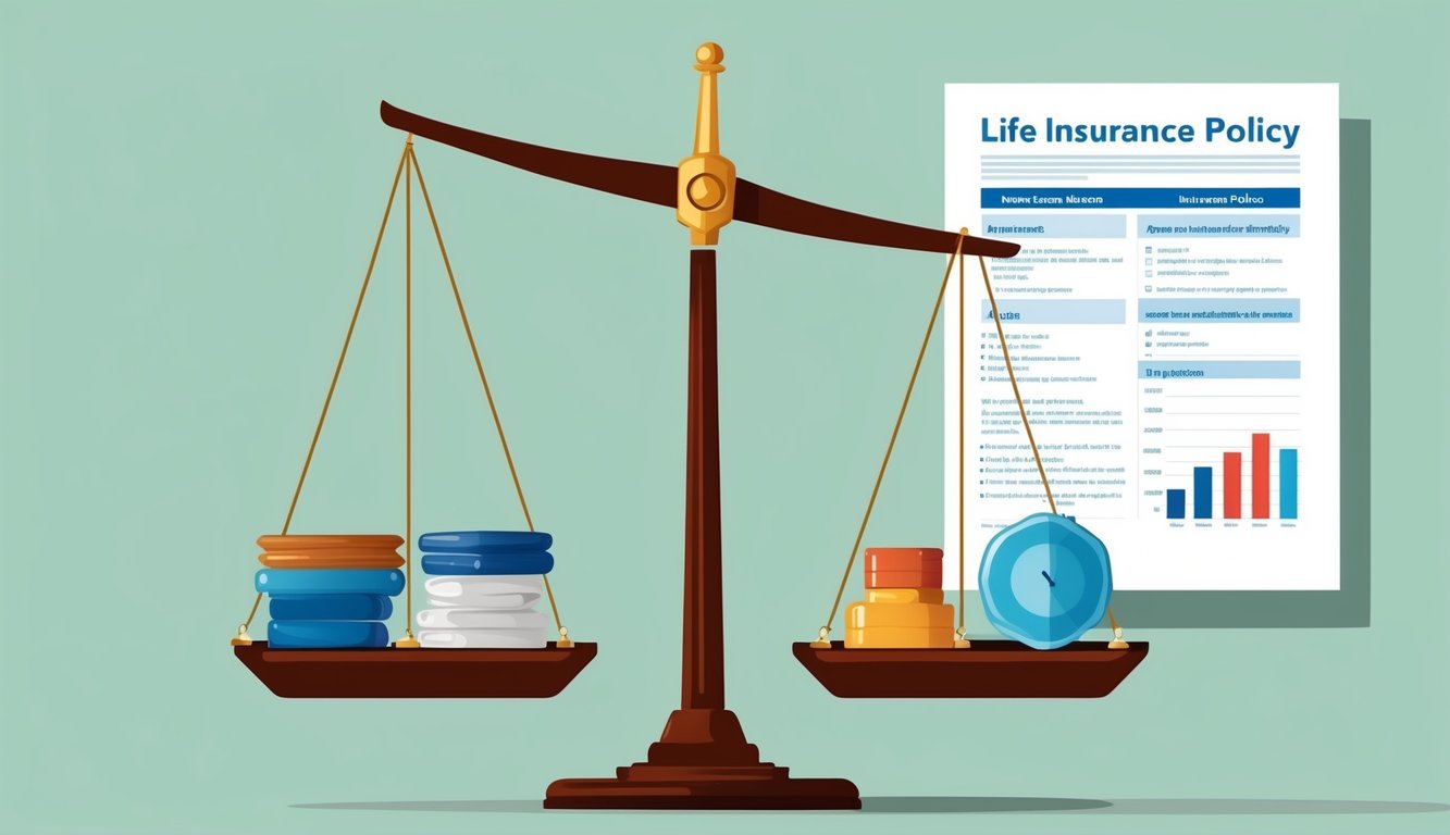 A scale with seven different objects on one side and a life insurance policy on the other, with the objects representing factors that can affect premiums