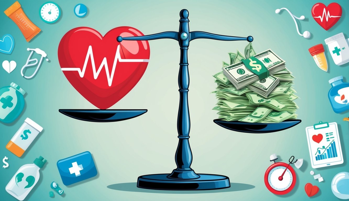 A scale with a heart on one side and a pile of money on the other, surrounded by various health-related symbols and objects