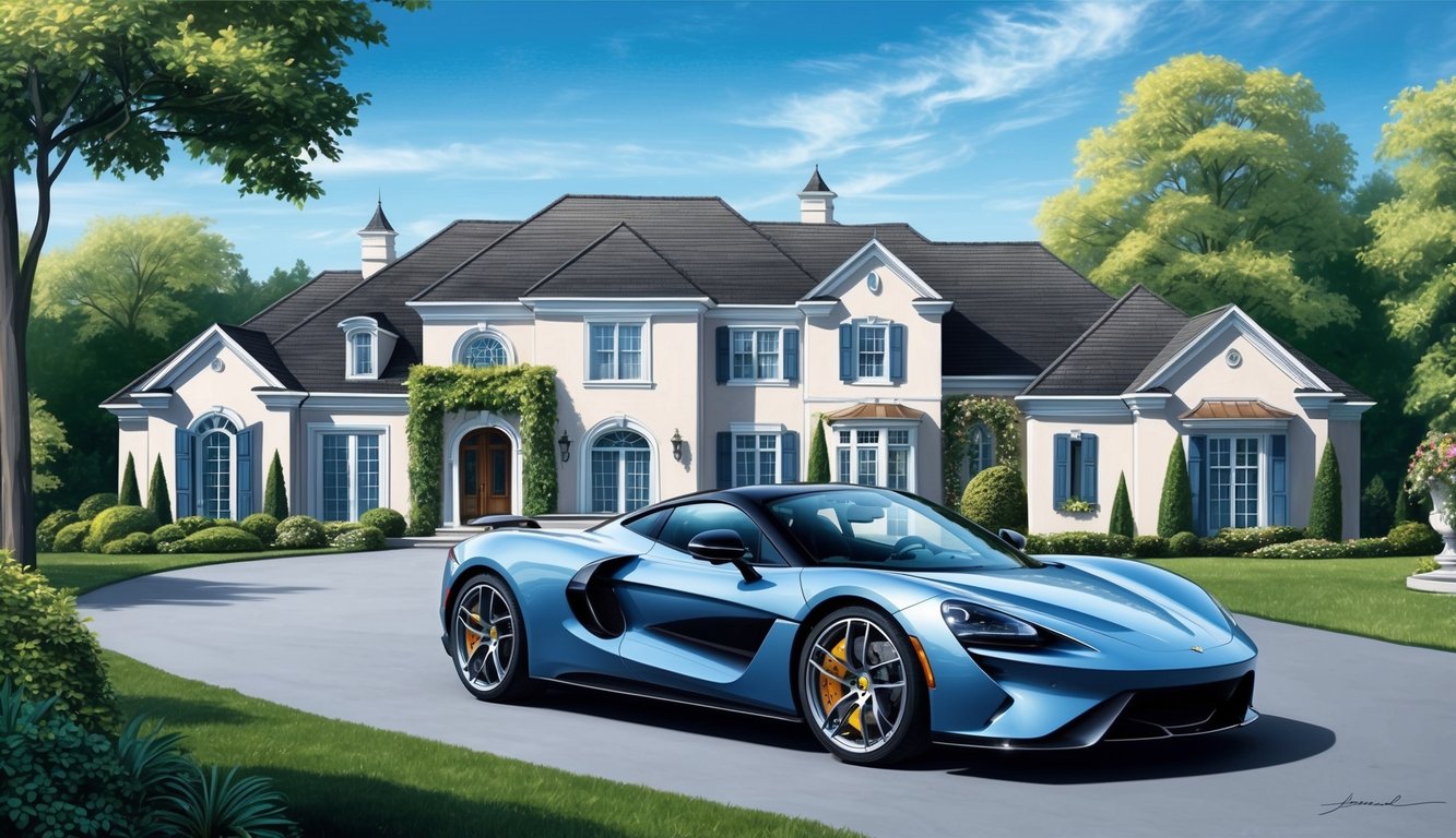 Blue sports car parked in front of a large, luxurious house