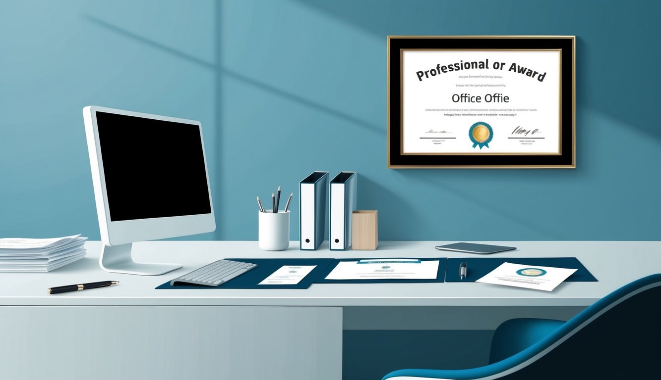 A sleek and modern office desk with a computer, paperwork, and a professional-looking pen set.</p><p>A framed certificate or award on the wall