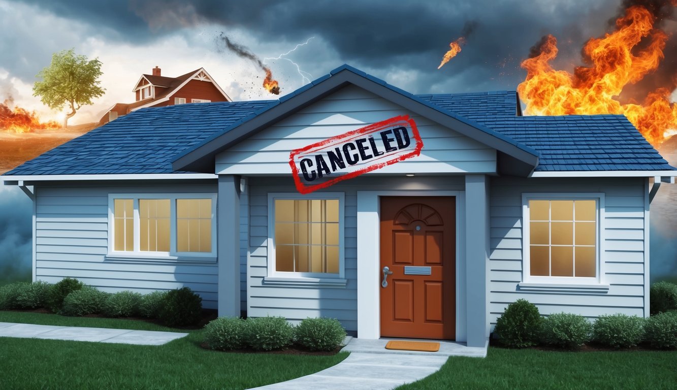 House with "canceled" stamp, fire, and storm clouds in the background