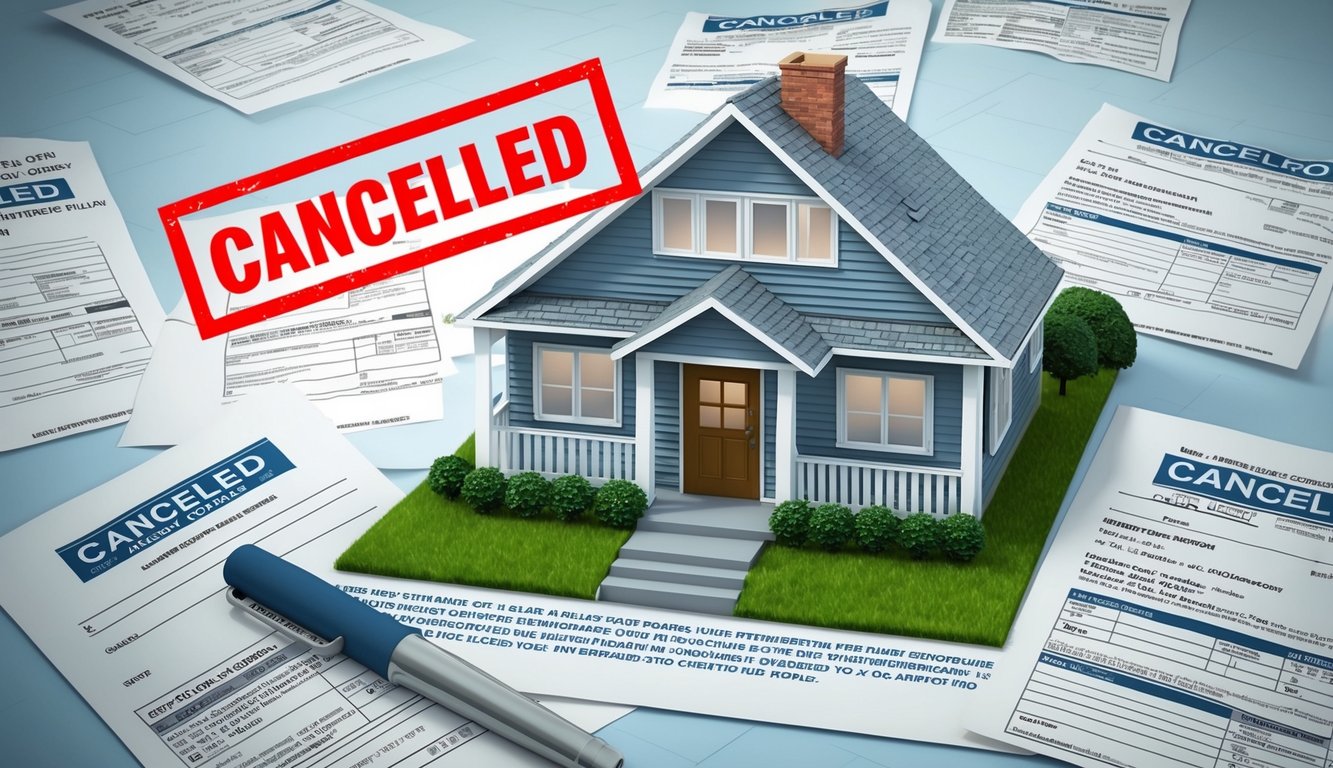 A house with a "canceled" stamp on the front door, surrounded by unpaid insurance premium notices and a red "X" over the policy