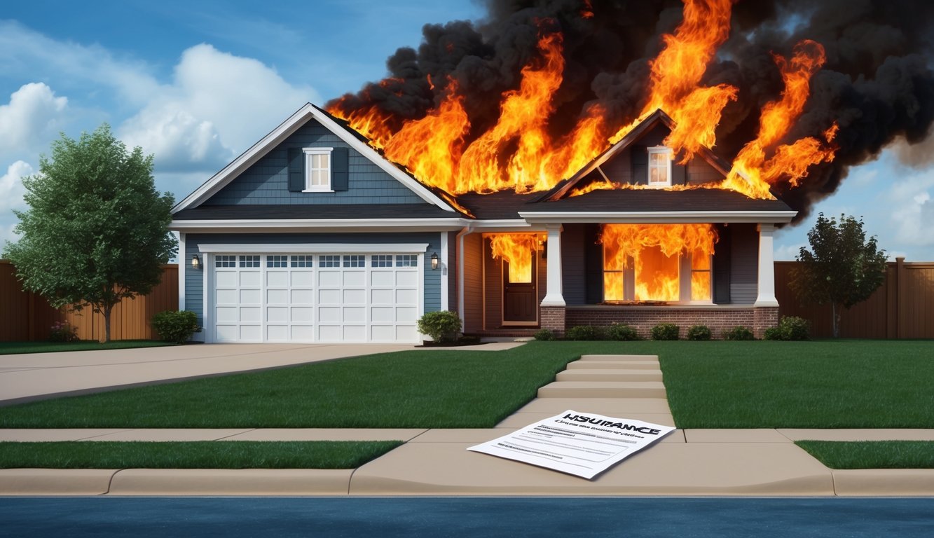 A house engulfed in flames with a canceled insurance policy on the doorstep