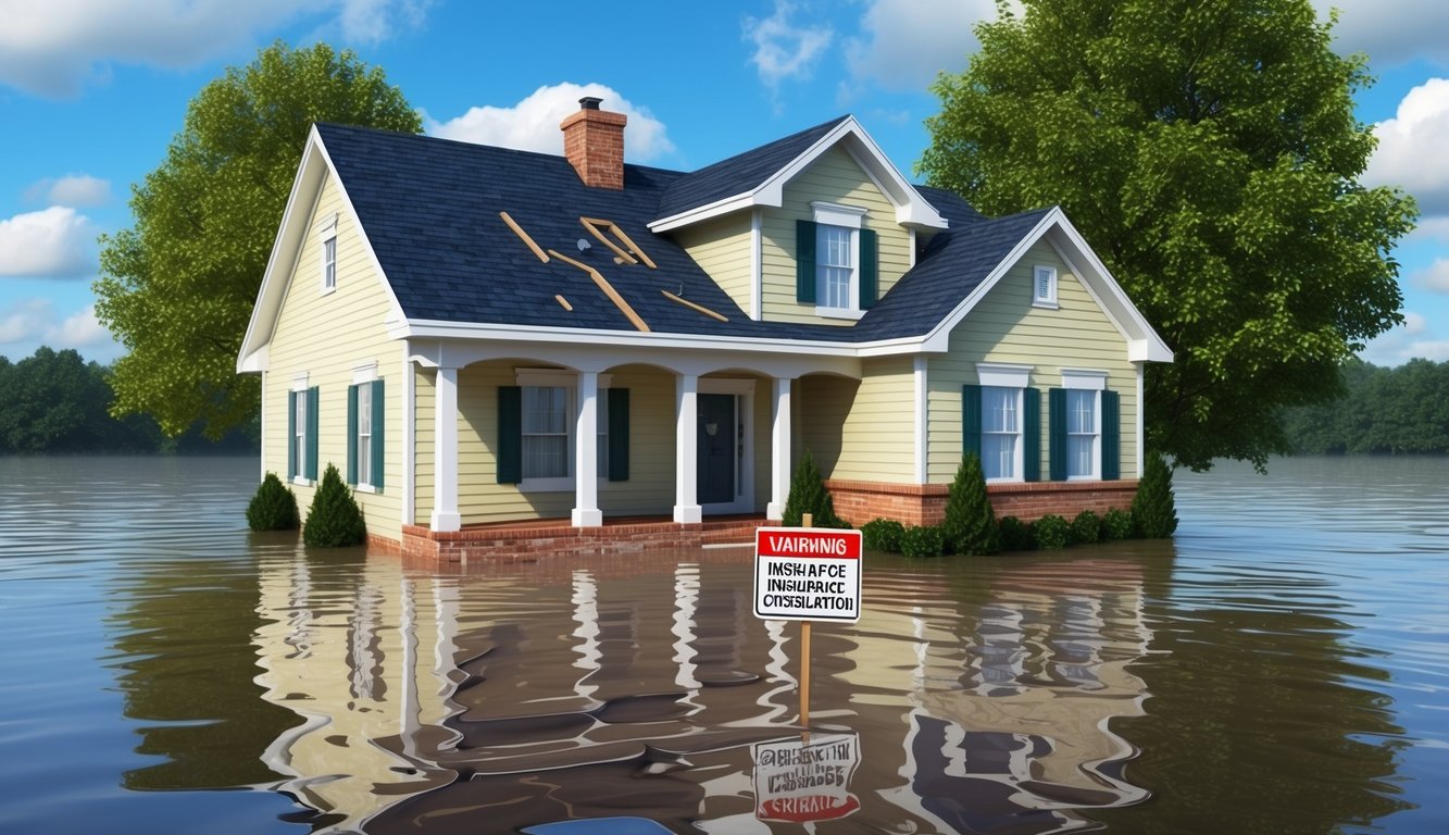 A house surrounded by floodwaters, with a cracked foundation, storm-damaged roof, and a sign warning of insurance cancellation