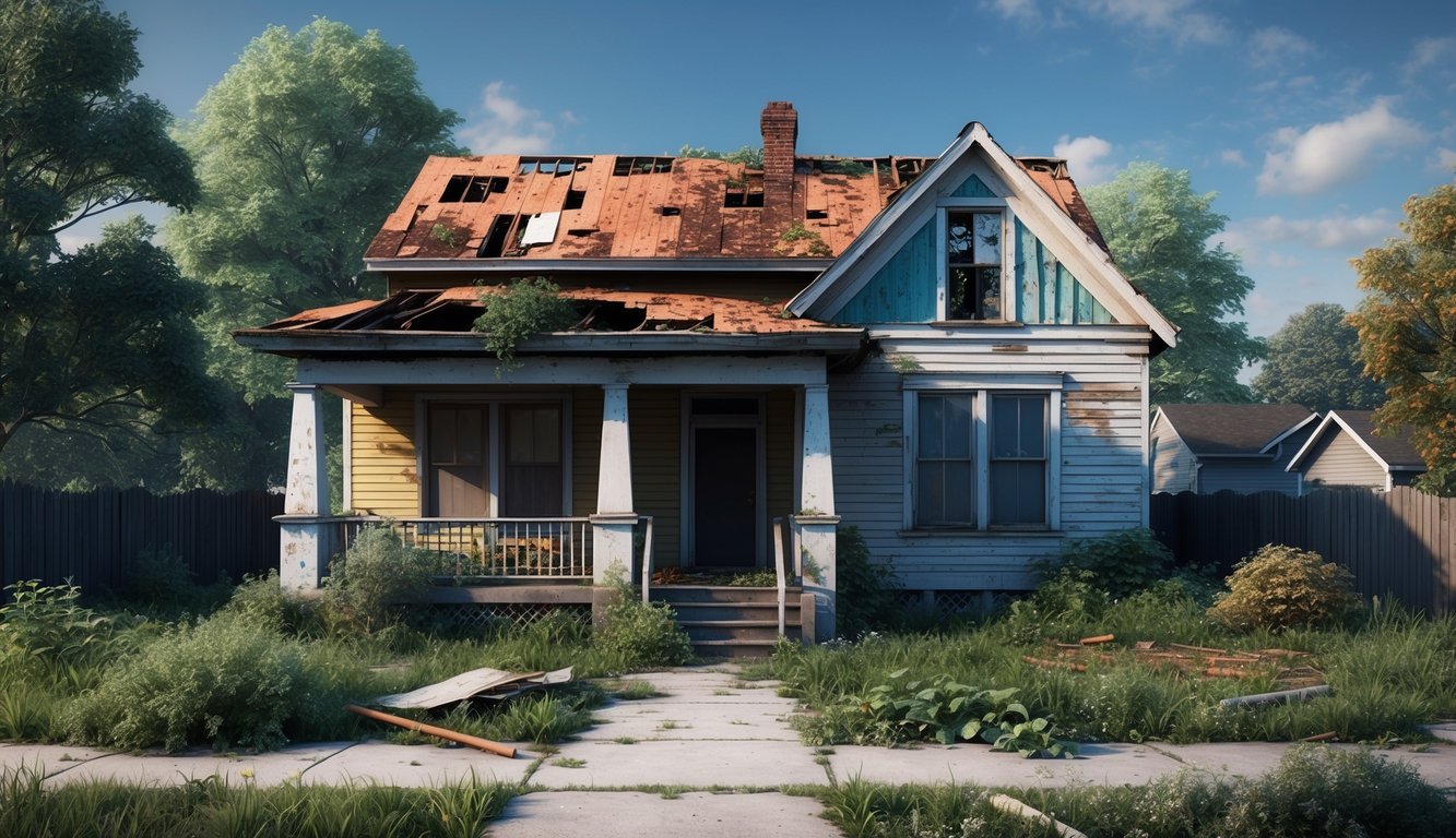 A neglected house with overgrown yard, peeling paint, and damaged roof