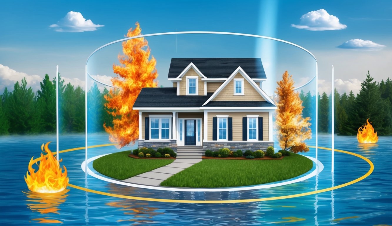 House protected by a glass dome from fire in a water landscape