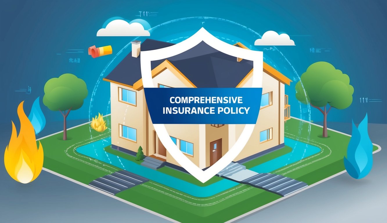 A family home surrounded by potential risks (fire, theft, natural disasters) with a comprehensive insurance policy overlaid with a shield of protection