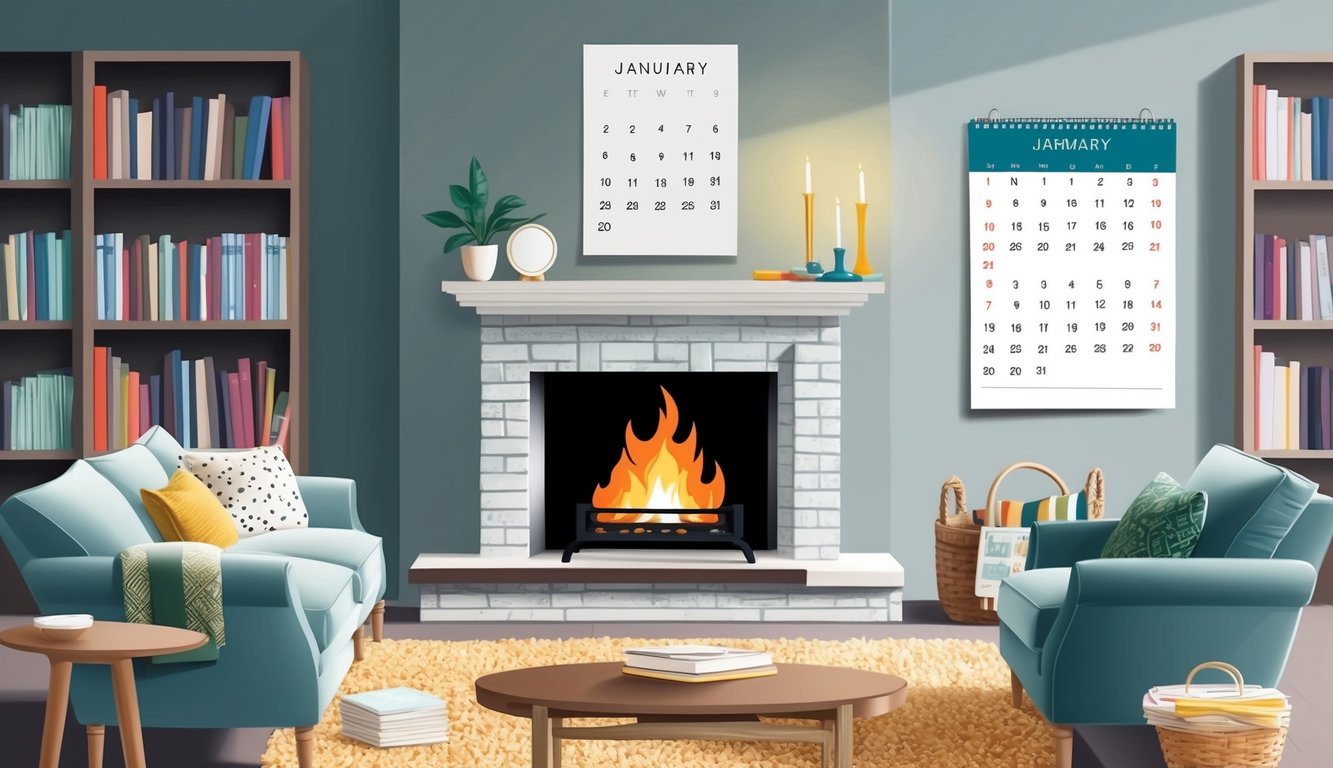 A cozy living room with a crackling fireplace, surrounded by bookshelves and comfortable furniture.</p><p>A calendar on the wall marks important dates