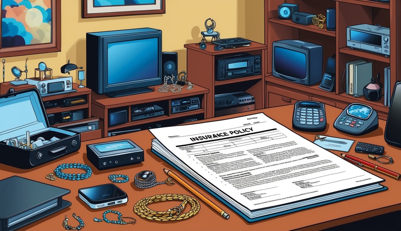 A cluttered room with various personal belongings such as jewelry, electronics, and furniture.</p><p>An open insurance policy folder on a desk