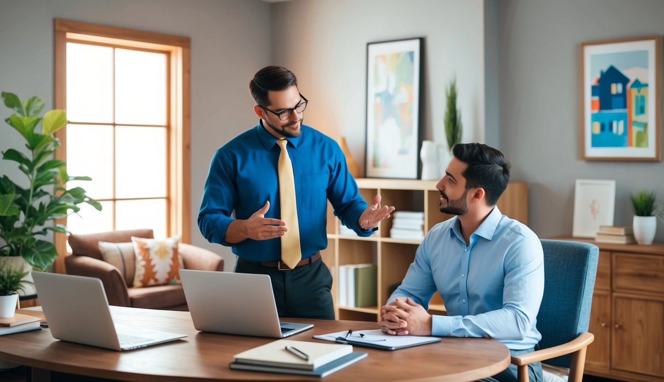 An independent insurance agent discussing home coverage options with a client in a cozy office setting