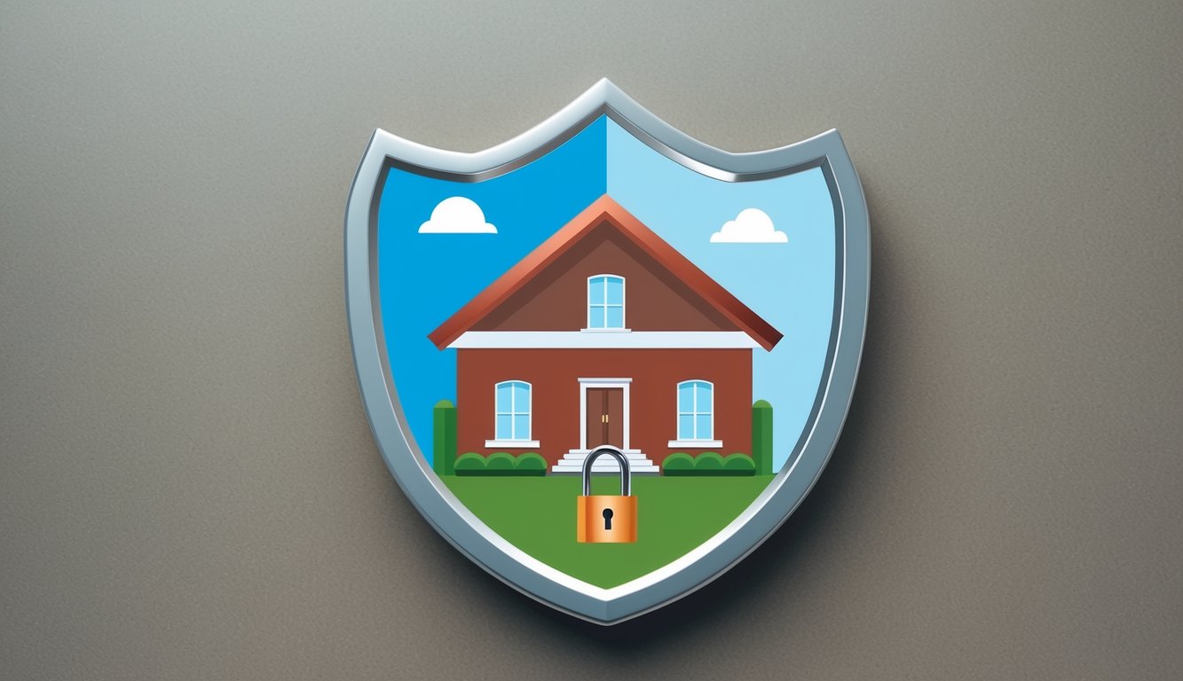 A sturdy home surrounded by a shield with a lock, representing increased liability protection and avoiding underinsurance with home insurance