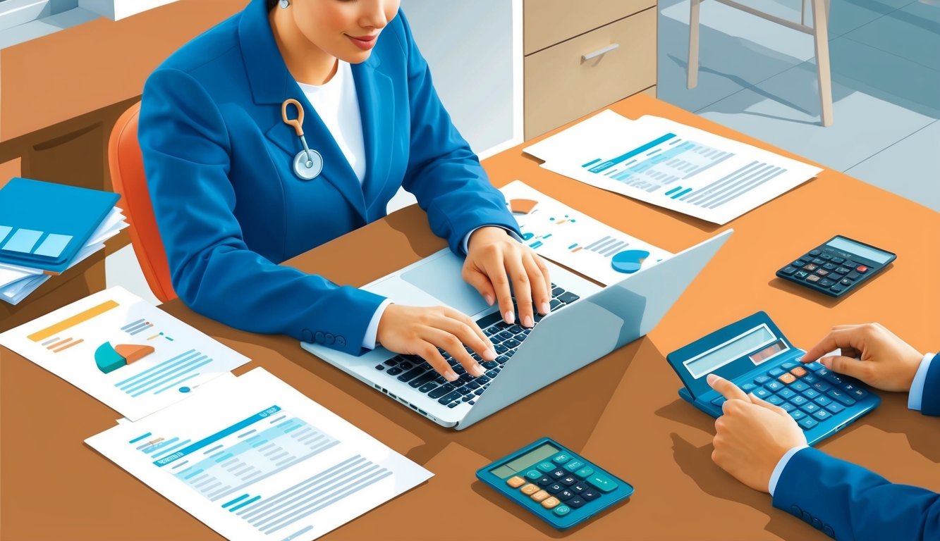 A person researching health insurance options at a desk with a laptop, surrounded by papers and a calculator.</p><p>A thoughtful expression on their face