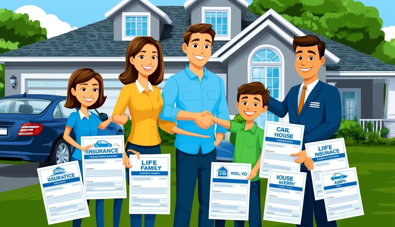 Family and insurance agent with insurance documents in front of a house