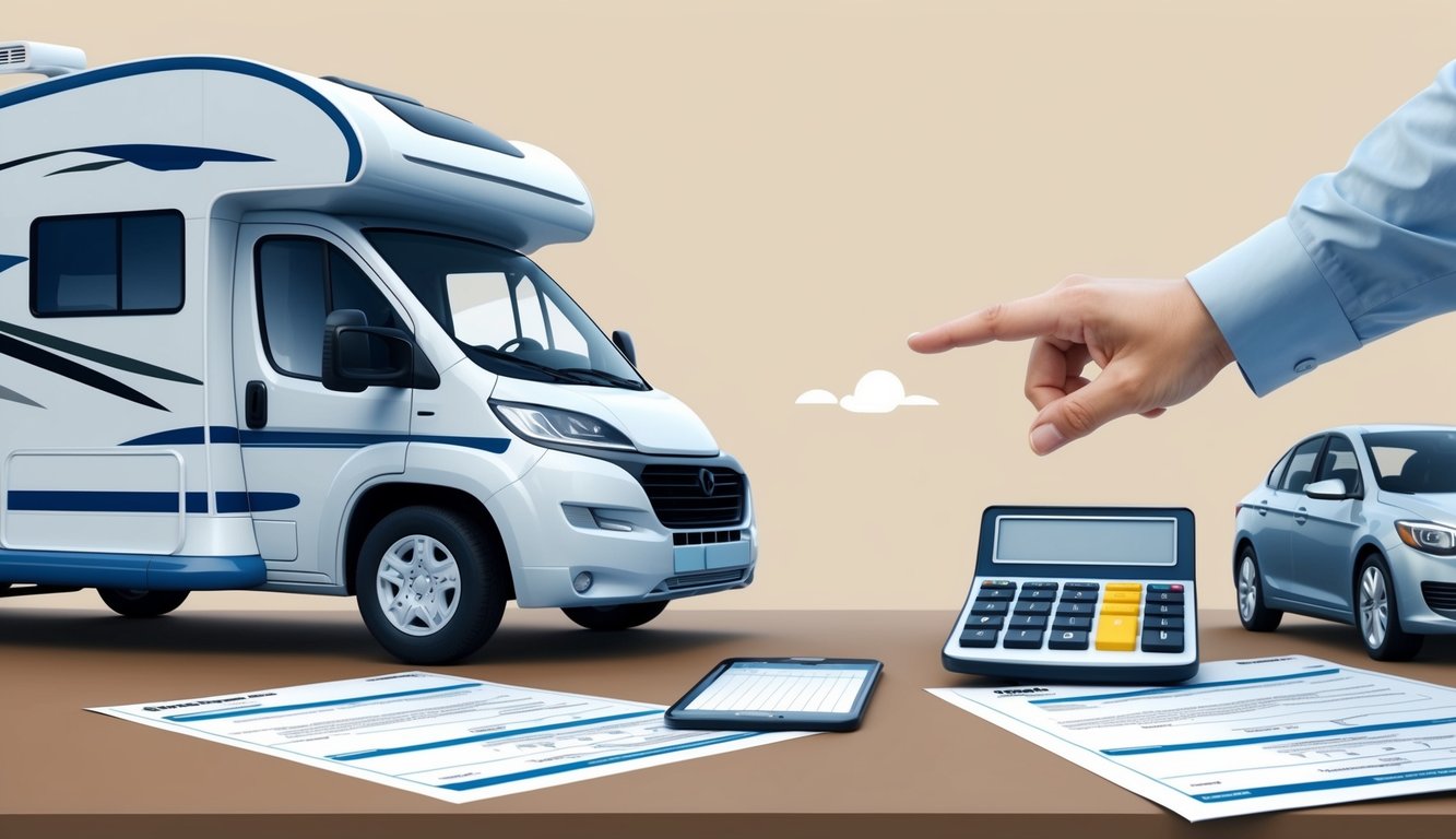 An RV and car parked side by side, with insurance documents and a calculator on a table.</p><p>A hand reaches out to combine the policies