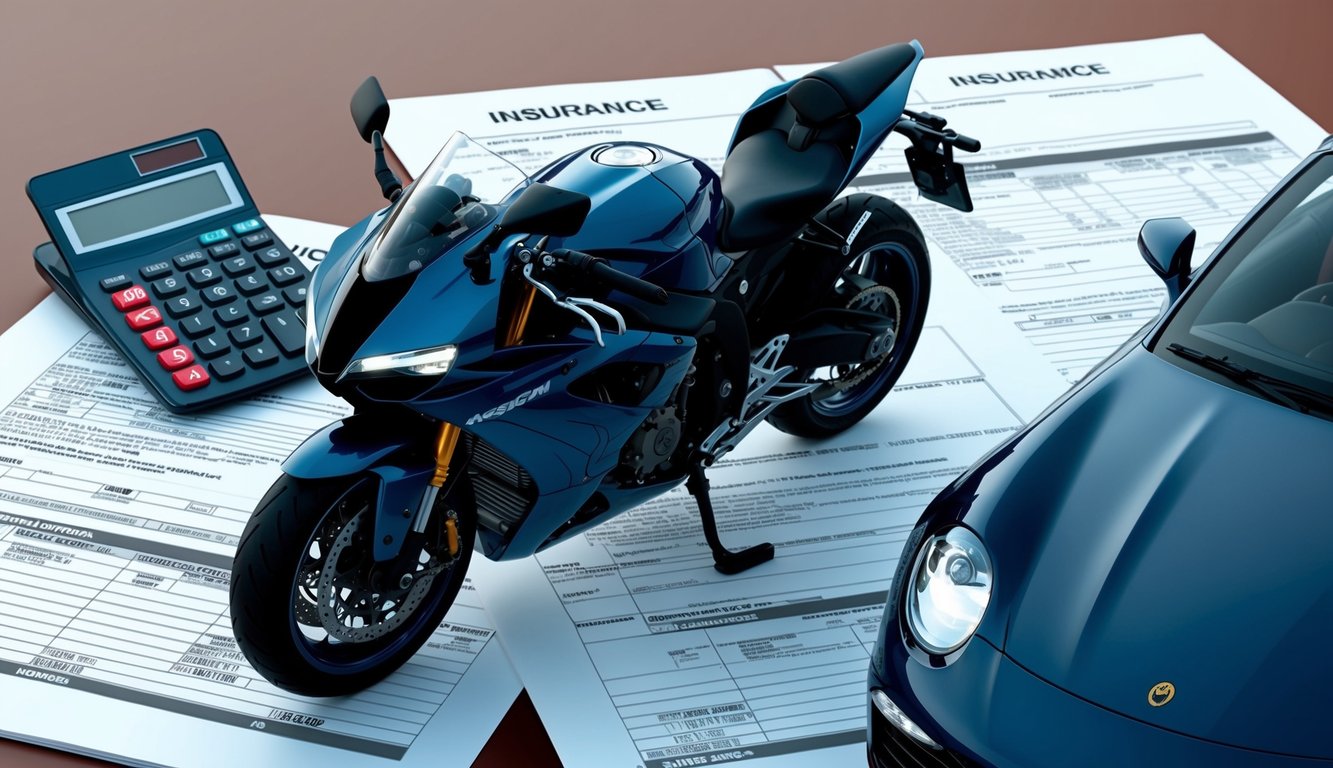 A sleek motorcycle parked next to a car, both surrounded by insurance documents and a calculator