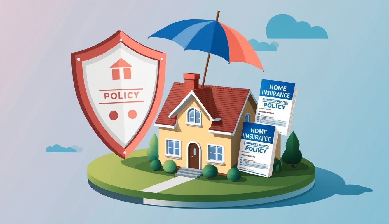 An illustration of a cozy home with an umbrella and home insurance policy bundles, surrounded by a shield symbolizing protection and savings