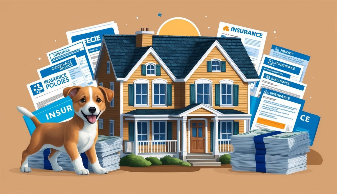 A playful puppy and a cozy apartment surrounded by various insurance policies bundled together