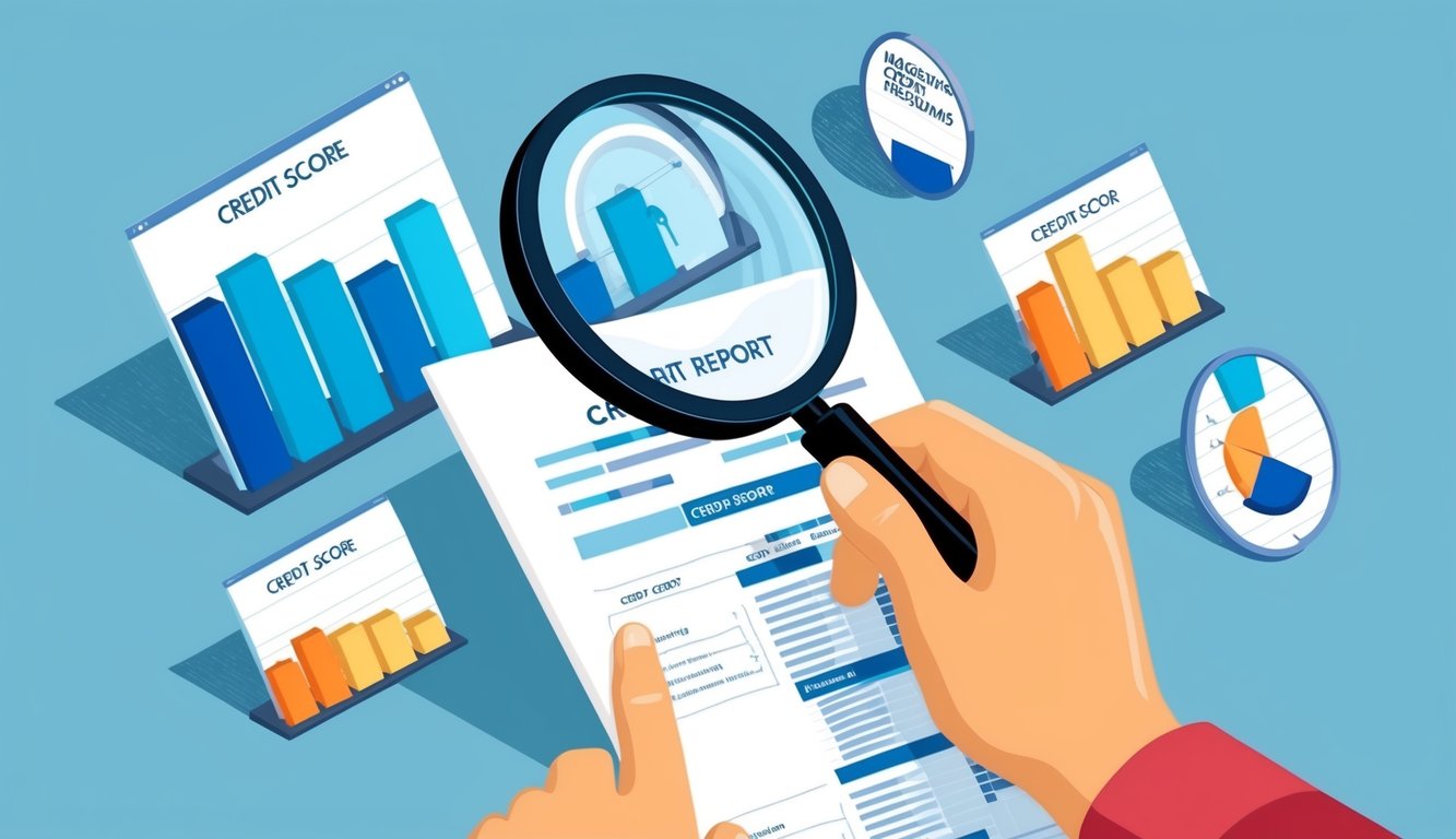 Hand holding magnifying glass over credit report with charts and graphs