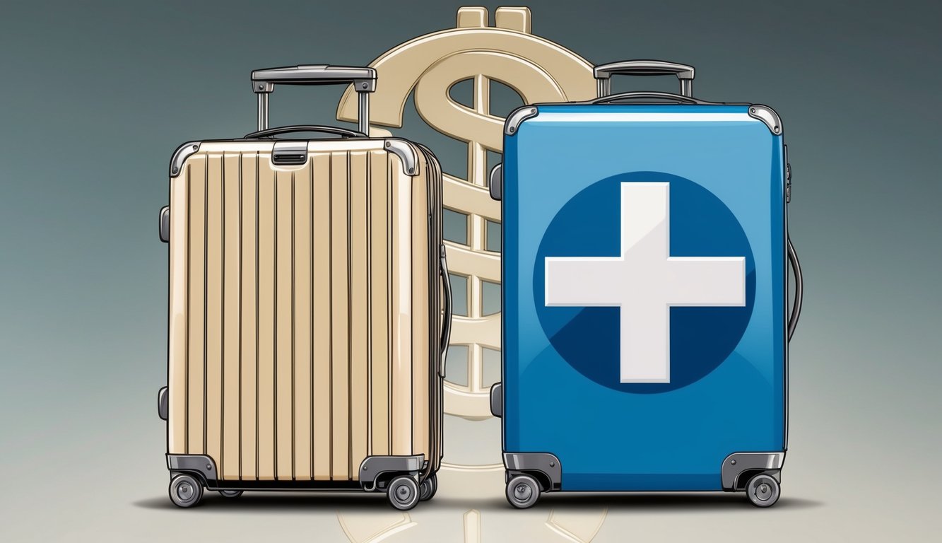 A suitcase and a medical cross symbol are shown side by side, with a dollar sign in the background