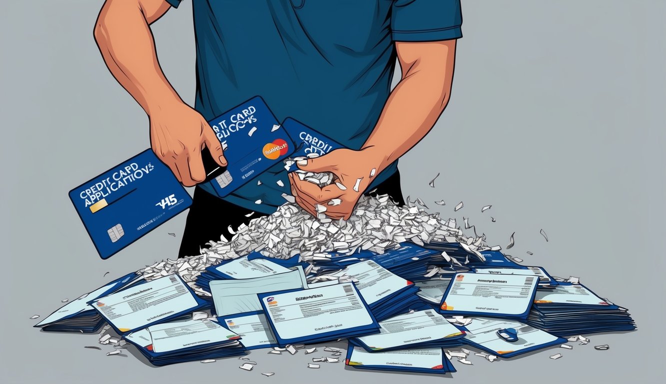 A person shredding multiple credit card applications while surrounded by a pile of unopened envelopes